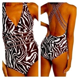 La Blanca Fierce Lines Multi-Strap Cross-Back One Piece 4 Brown and White NWT